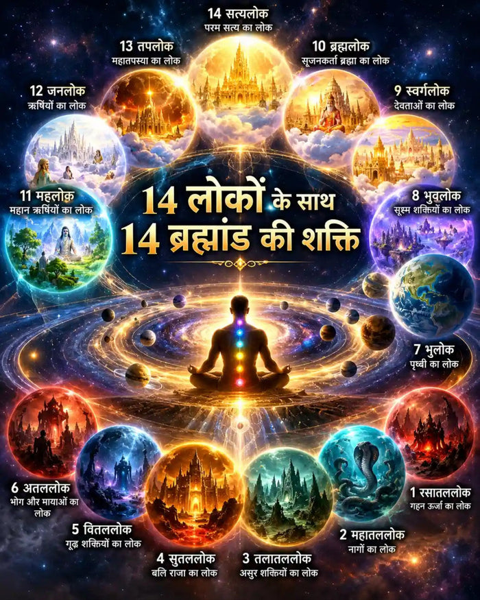 14 लोकों और ब्रह्मांड की आध्यात्मिक अवधारणा में ध्यान करते साधक