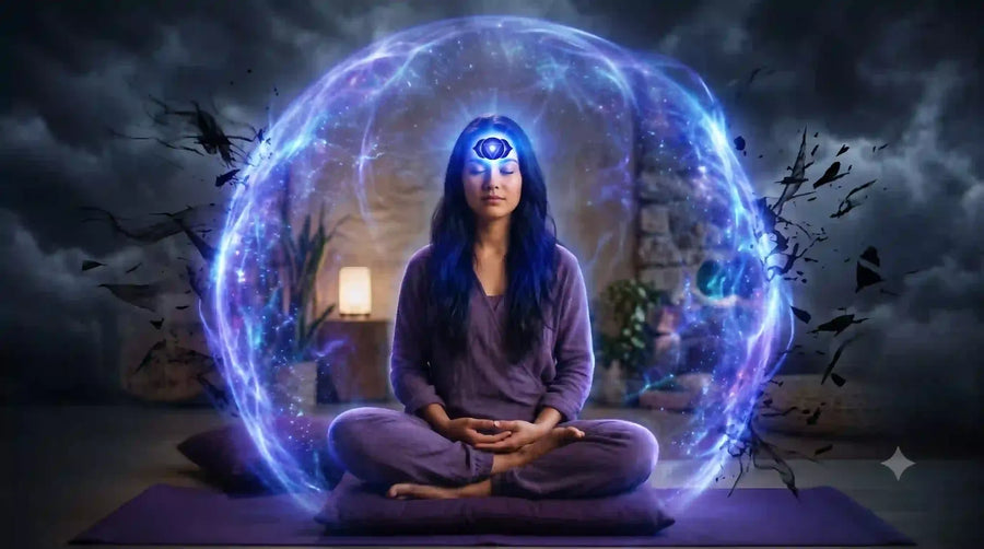 आज्ञा चक्र पर ध्यान और नीले प्रकाश के visualization का चित्र
