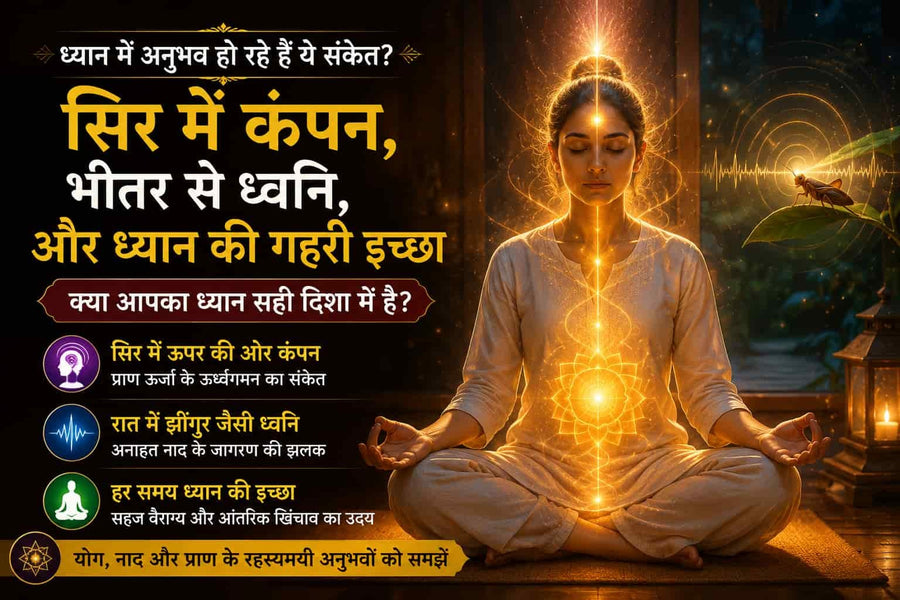 ध्यान में बैठी साधिका, सिर में सूक्ष्म कंपन और भीतर की ध्वनि के अनुभव का प्रतीकात्मक चित्र
