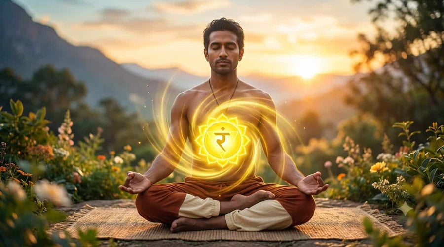 मणिपूर चक्र के नाभि केंद्र में सुनहरी ऊर्जा के साथ ध्यान करता साधक, विवेक और स्पष्टता का प्रतीक