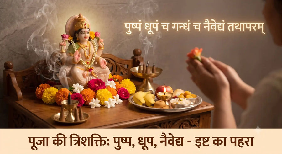 घर की पारंपरिक पूजा में पुष्प, धूप और नैवेद्य अर्पित करते हुए