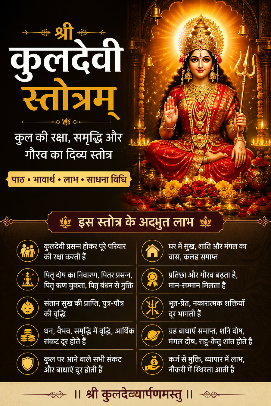 श्री कुलदेवी स्तोत्रम् का दिव्य चित्र, मंदिर में विराजमान कुलदेवी, दीपक और परिवार की रक्षा व समृद्धि का प्रतीक