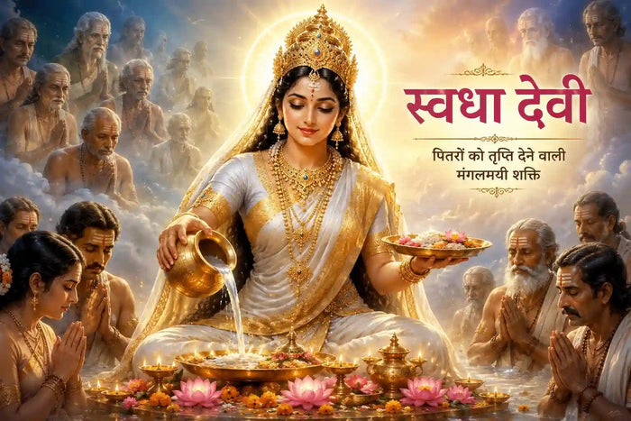 स्वधा देवी और पितृ तर्पण दर्शाती आध्यात्मिक चित्रकला
