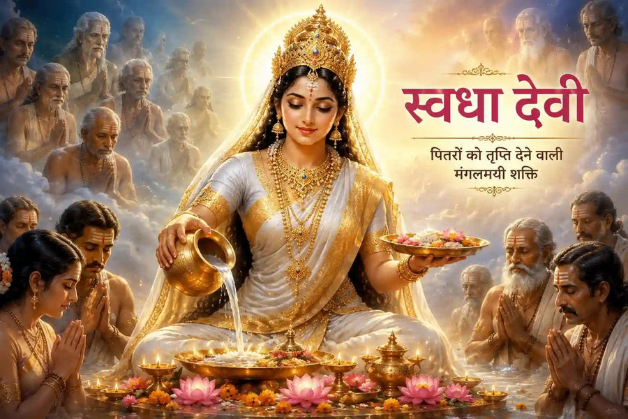 स्वधा देवी और पितृ तर्पण दर्शाती आध्यात्मिक चित्रकला