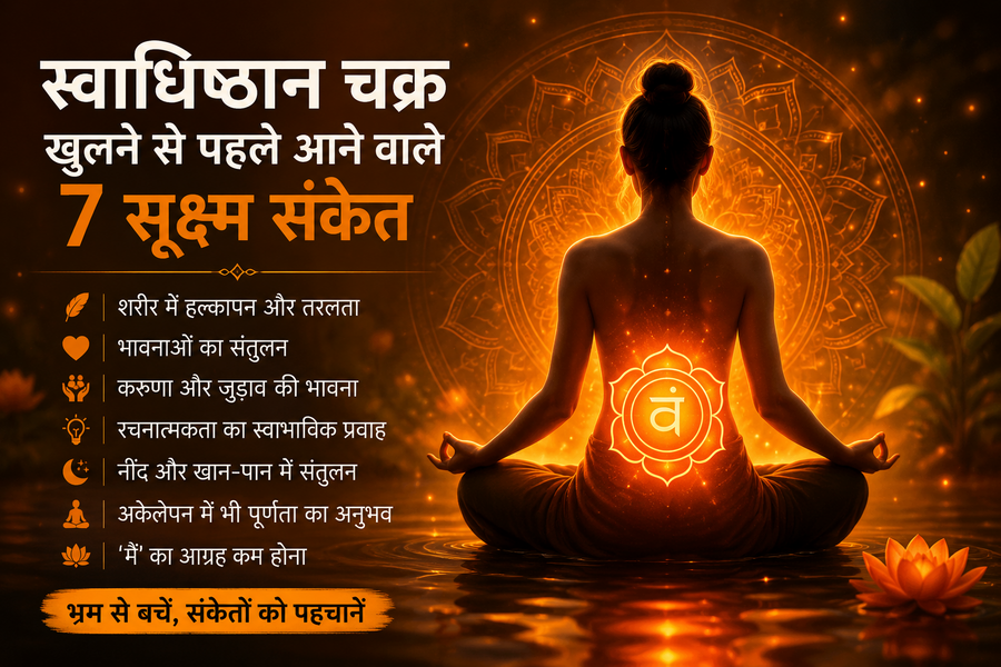ध्यान मुद्रा में बैठा साधक, स्वाधिष्ठान चक्र के नारंगी प्रकाश का प्रतीकात्मक चित्र