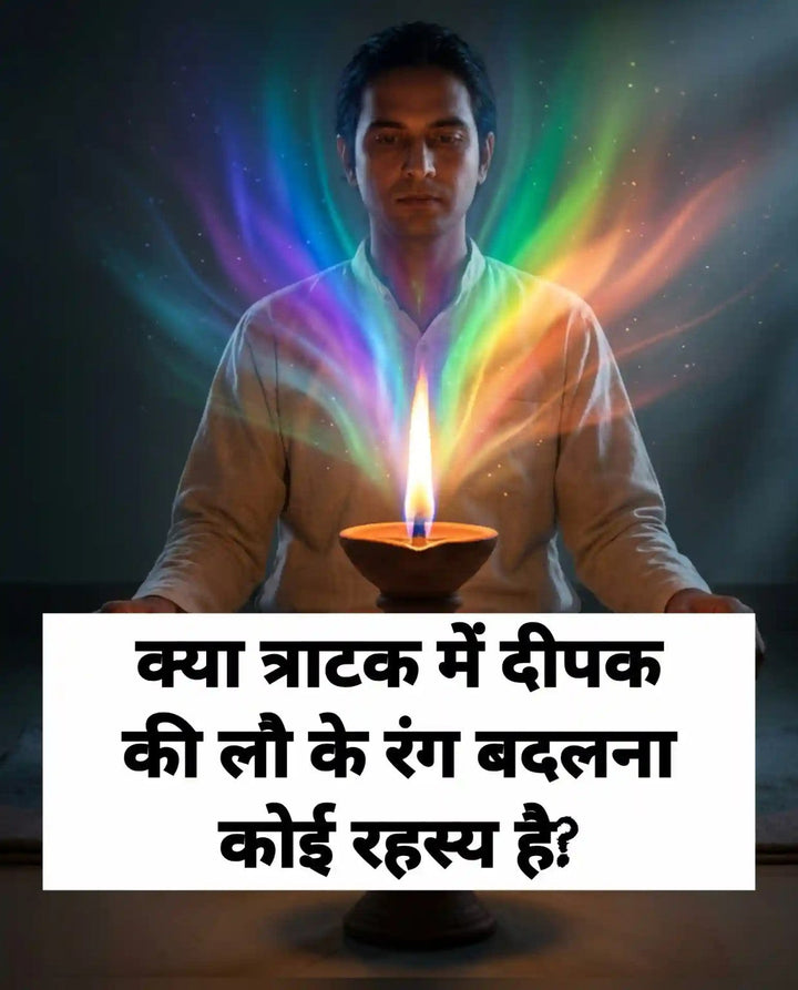 दीपक की लौ को देखते हुए त्राटक साधना और लौ के आसपास रंगीन प्रकाश का कलात्मक चित्र